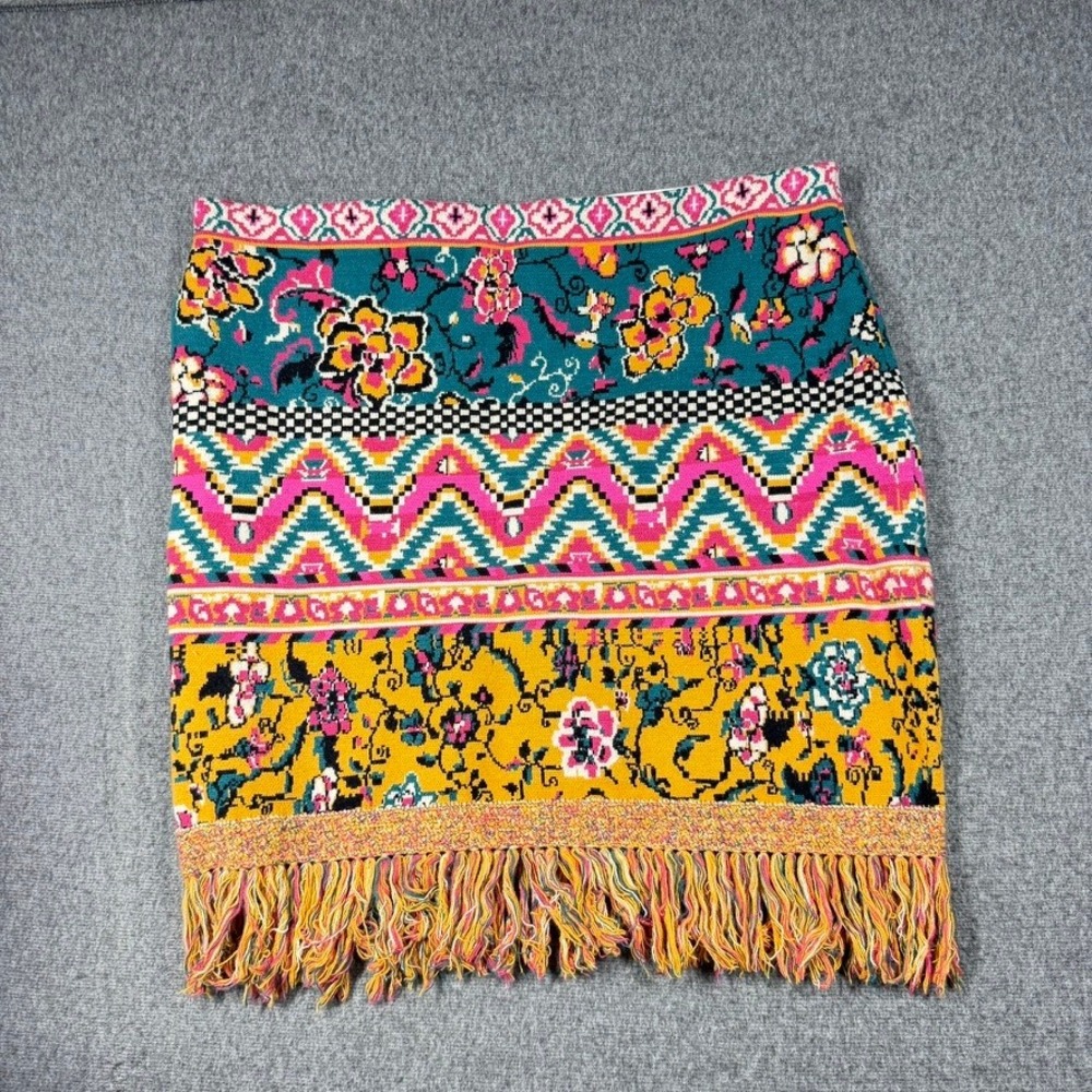 Anthropologie A+ Boho Knit Fringe Mini Skirt Multi Color Floral Chevron 3X
